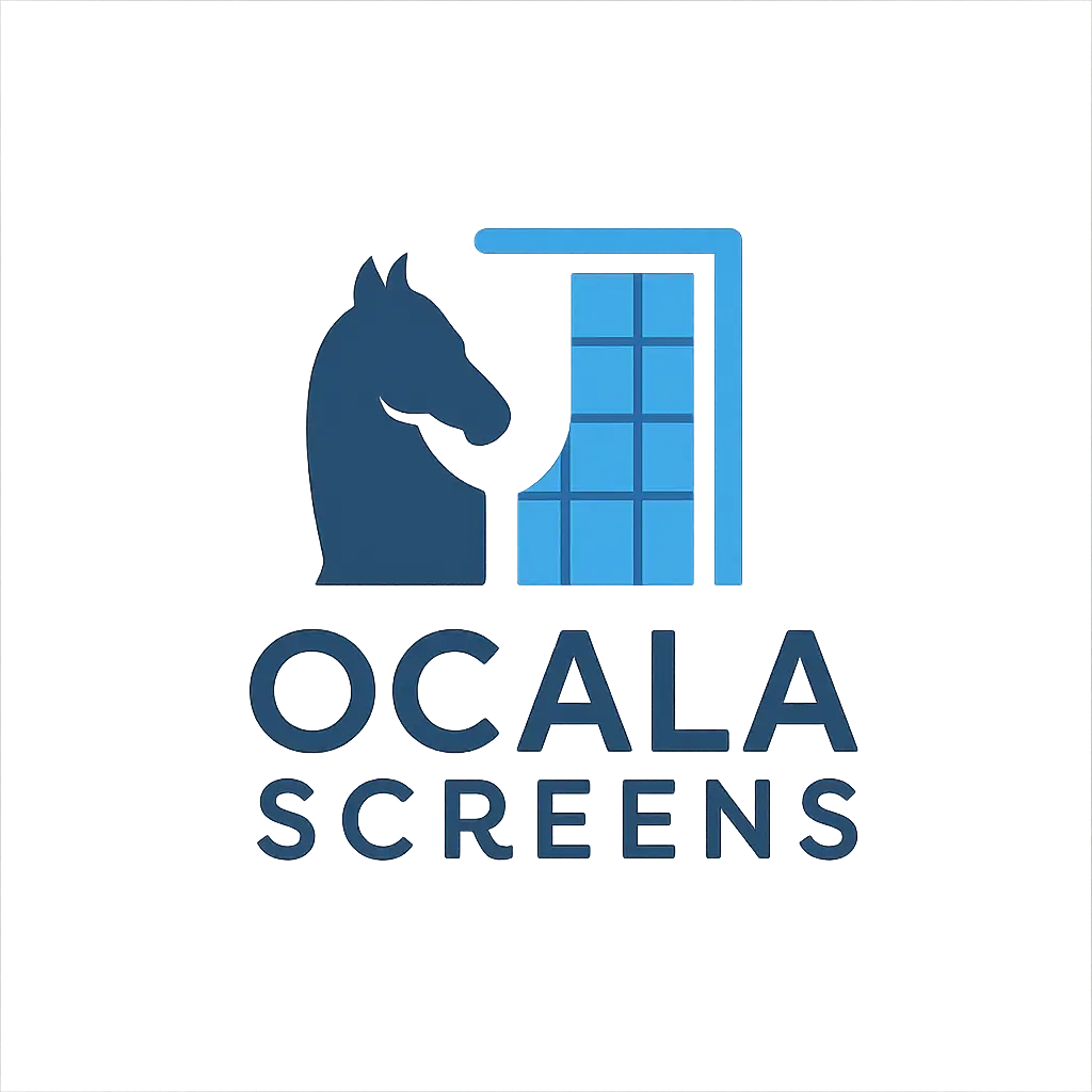 Ocala Screens company logo featuring a blue horse and screen enclosure graphic.