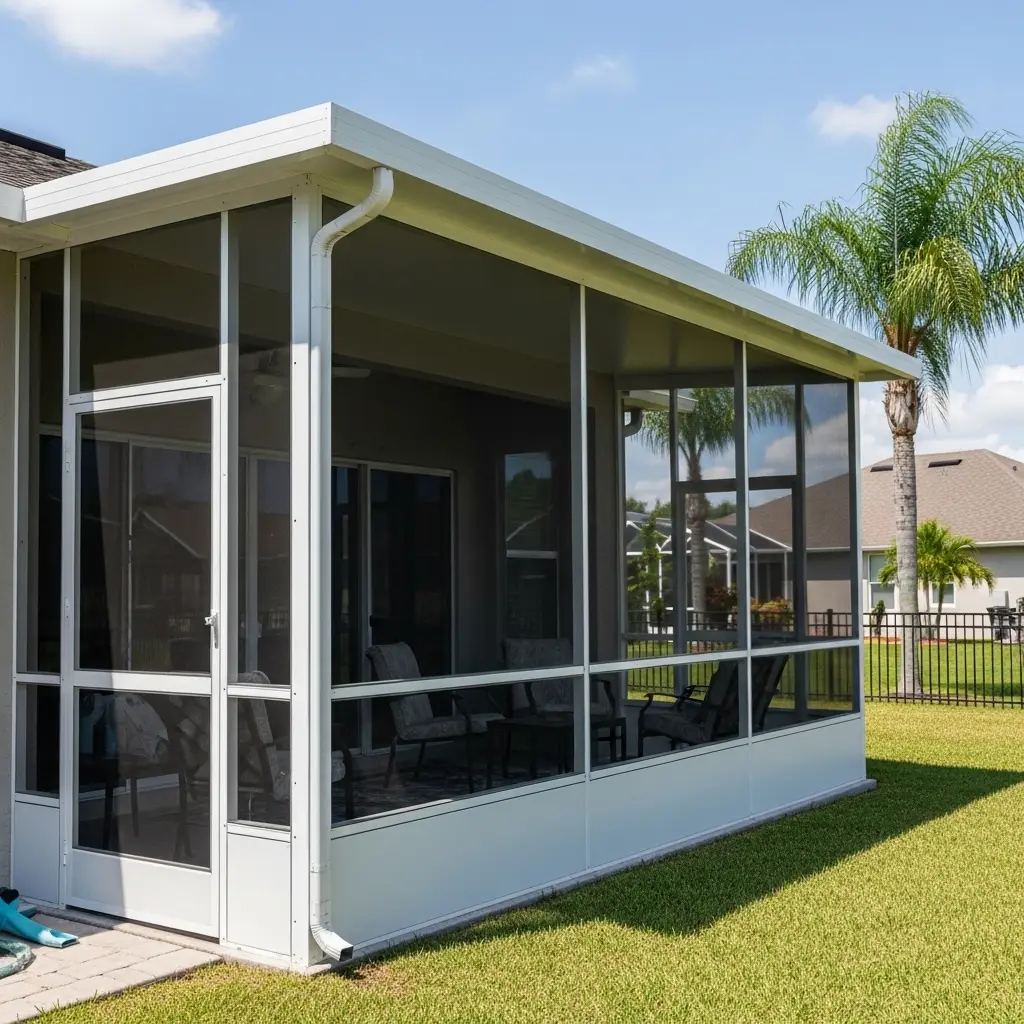 Custom-built lanai enclosure with white aluminum framing and screened walls in Ocala, FL.