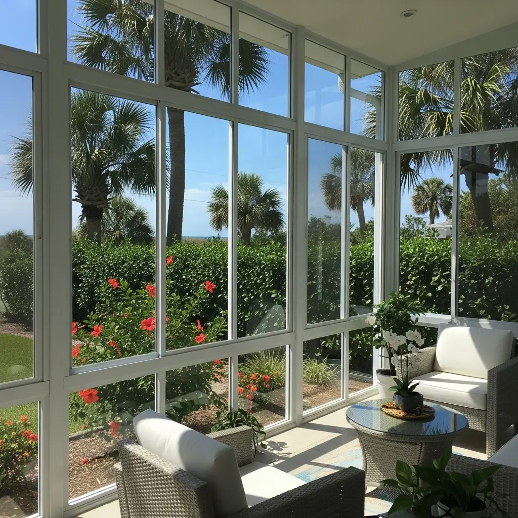 Repaired lanai enclosure with clear screen panels and white aluminum framing in Ocala, FL.