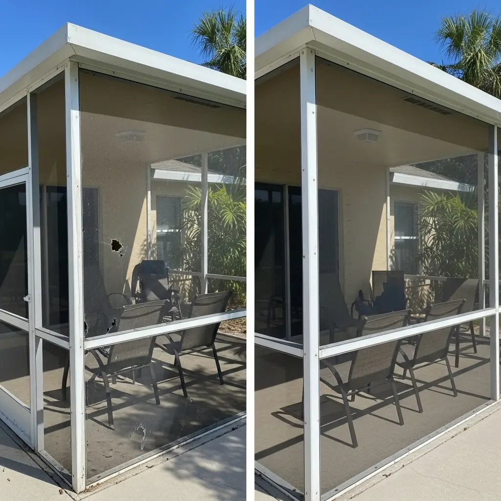 Before and after lanai screen repair showing torn mesh replaced with new screen panels in Ocala, FL.