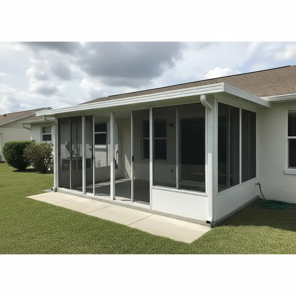Freshly repaired lanai screen enclosure with new mesh and aluminum framing in Ocala, FL.