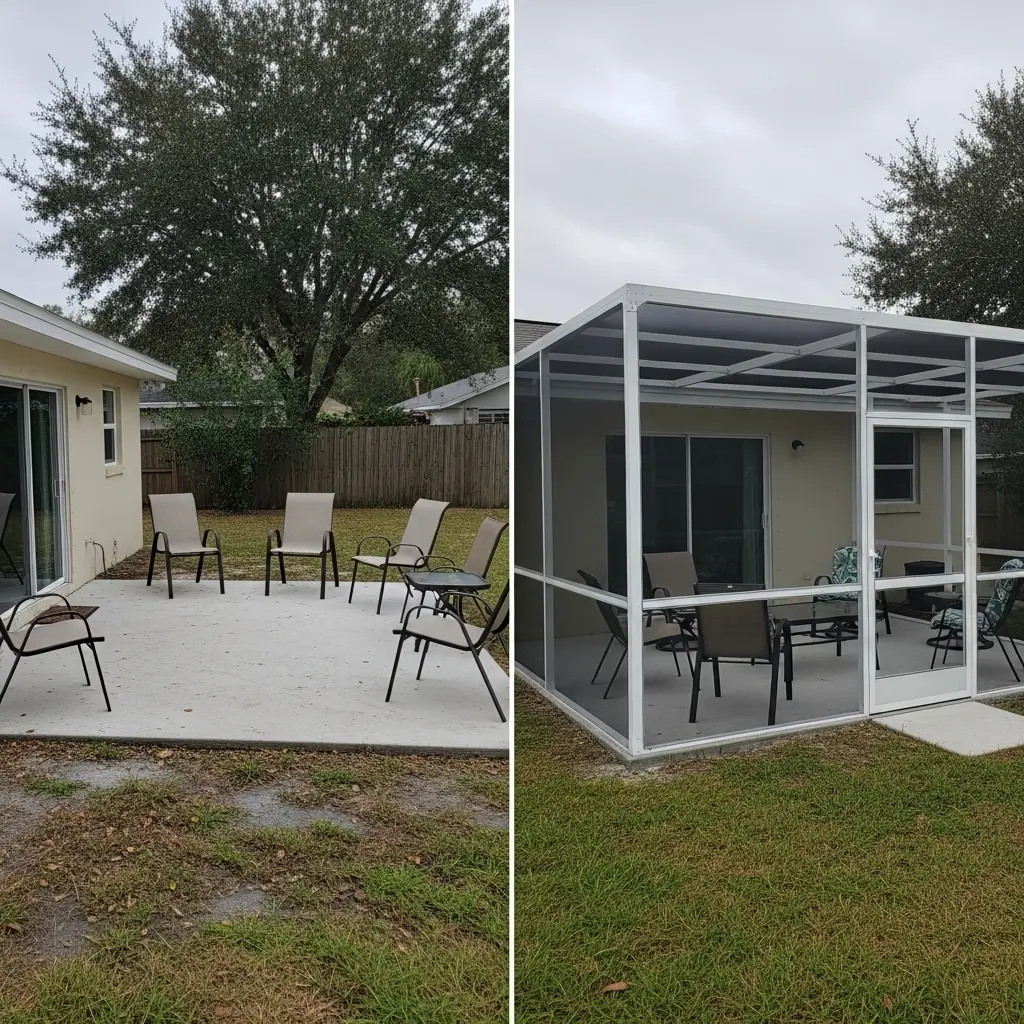 Before and after patio screen enclosure installation showing added roof and framing in Ocala, FL.