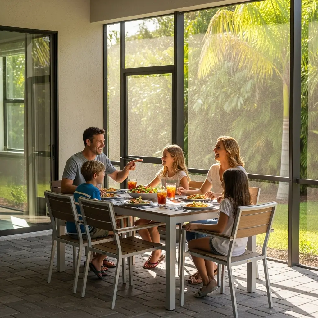 Family enjoying dinner inside a screened patio enclosure with natural lighting in Ocala, FL.