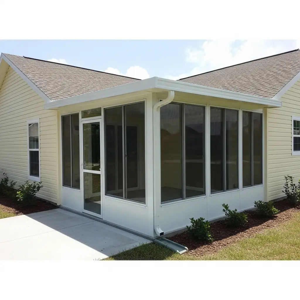 Newly built screened patio enclosure with sliding panels on a yellow house in Ocala, FL.