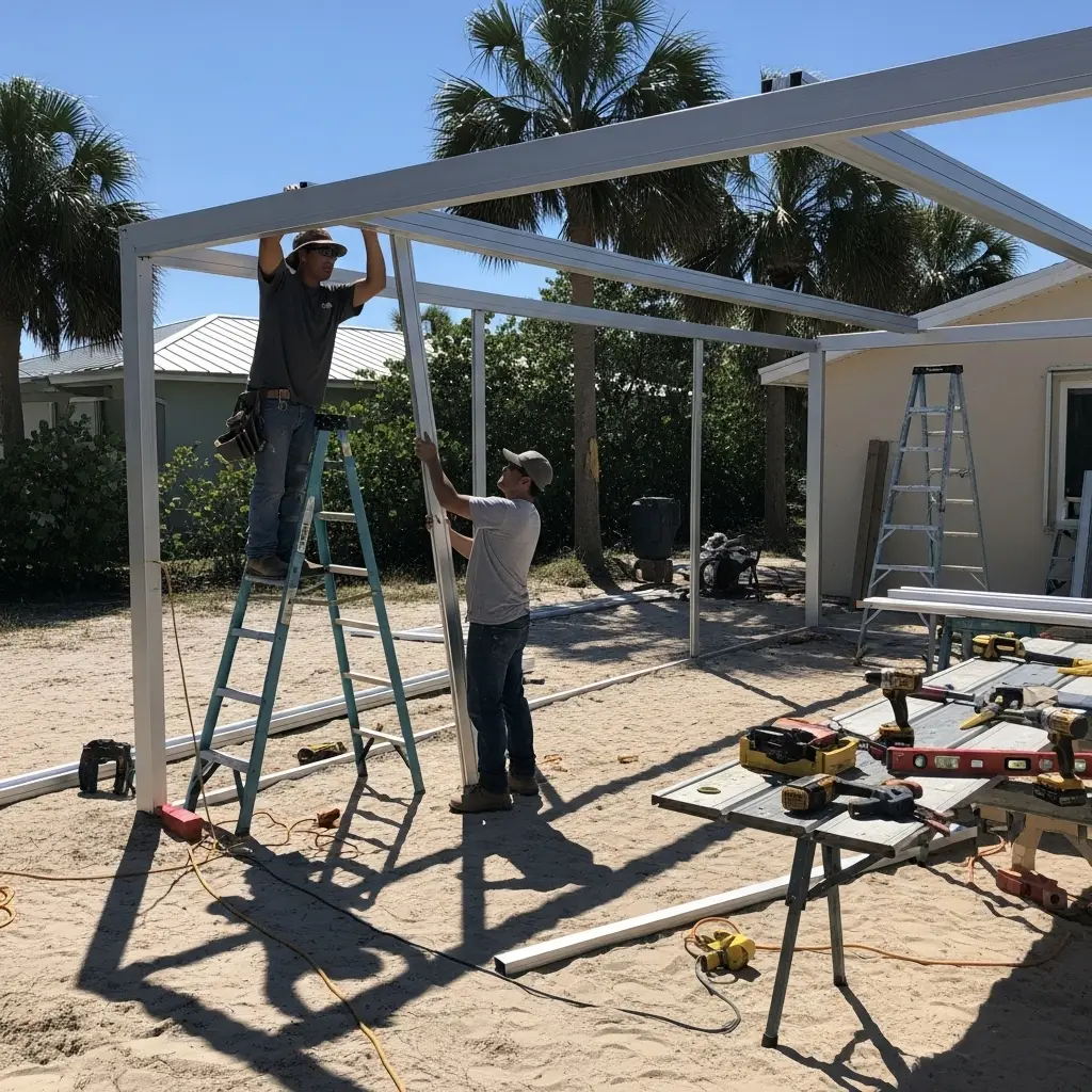 Two contractors assembling a new patio screen enclosure frame during installation in Ocala, FL.
