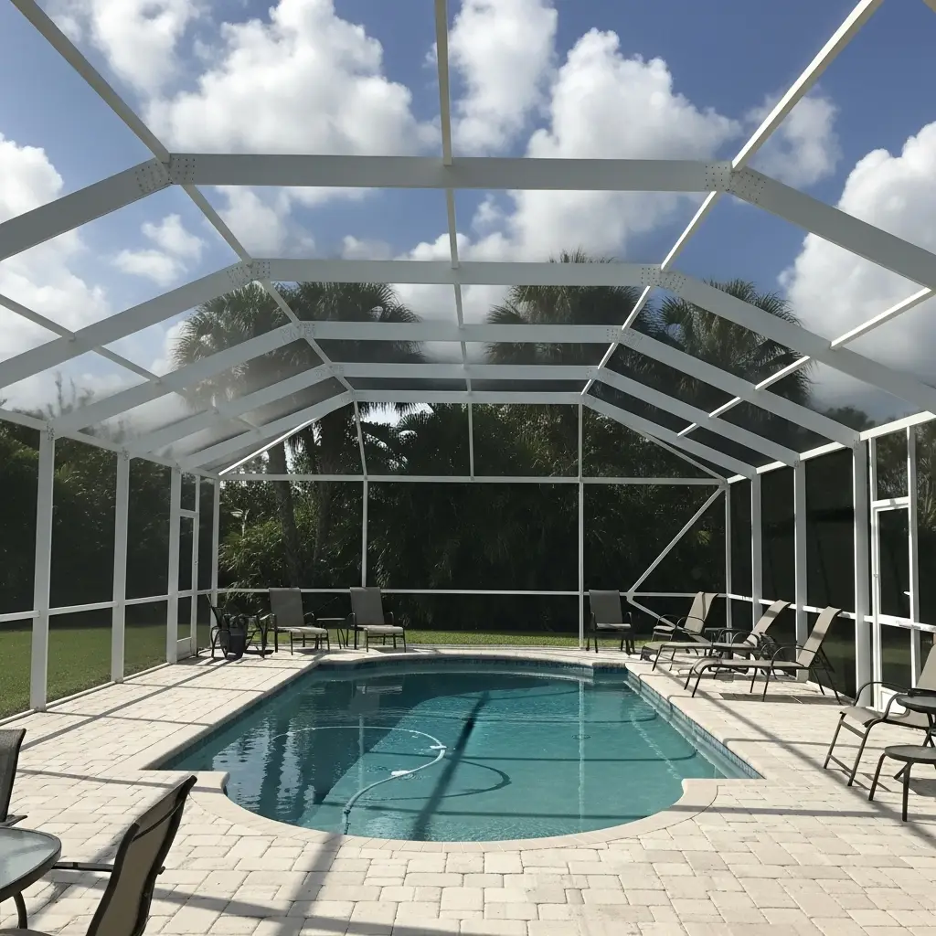 Newly installed white aluminum pool cage enclosure at a residential property in Ocala, FL.