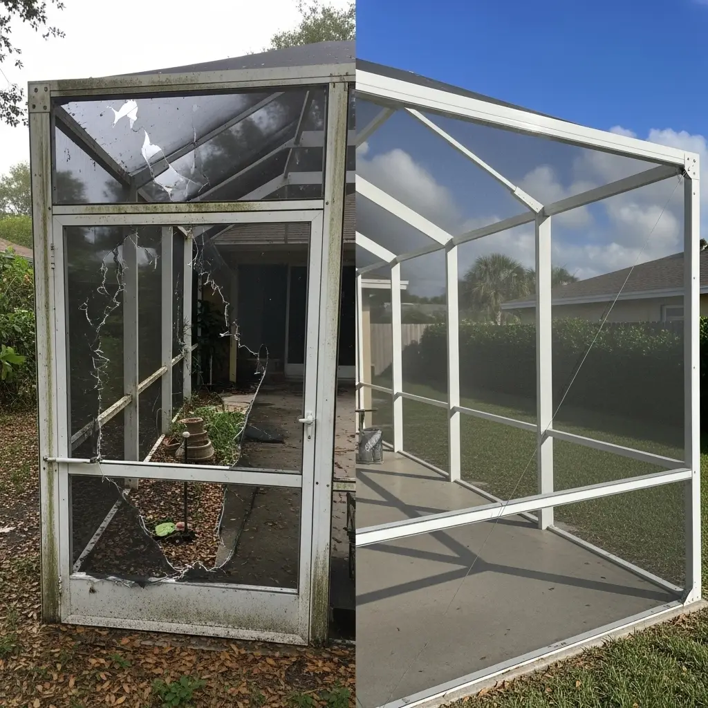 before and after pool cage screen repair showing restored aluminum enclosure in Ocala, FL