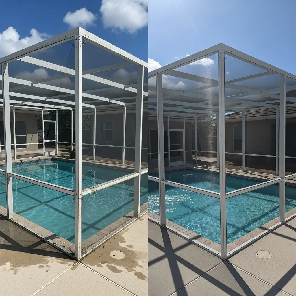 before and after pool enclosure screen repair showing restored frame in Ocala, FL