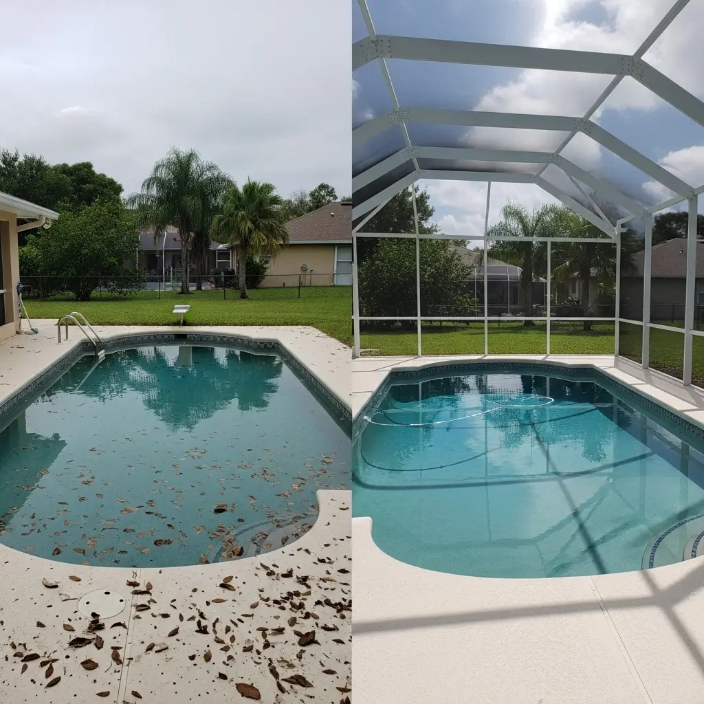 before and after pool enclosure screen installation showing clean pool area in Ocala, FL