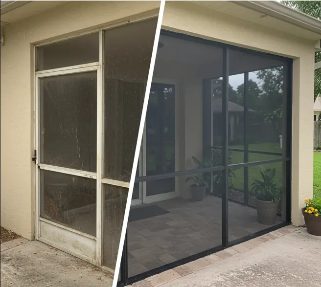 before and after patio screen door repair on residential home in Ocala, FL