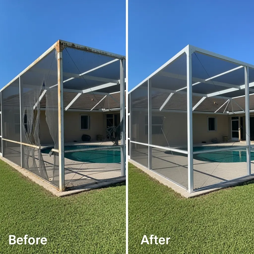 before and after pool cage screen replacement in Ocala, FL residential backyard