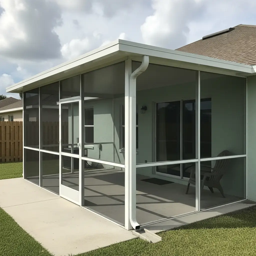 new screened porch construction with aluminum frame and gutter system in Ocala, FL