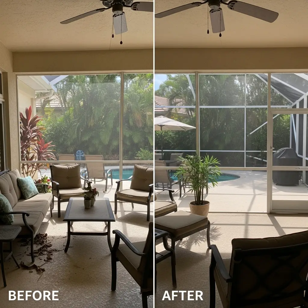 before and after sunroom window screen repair in Ocala, FL residential patio