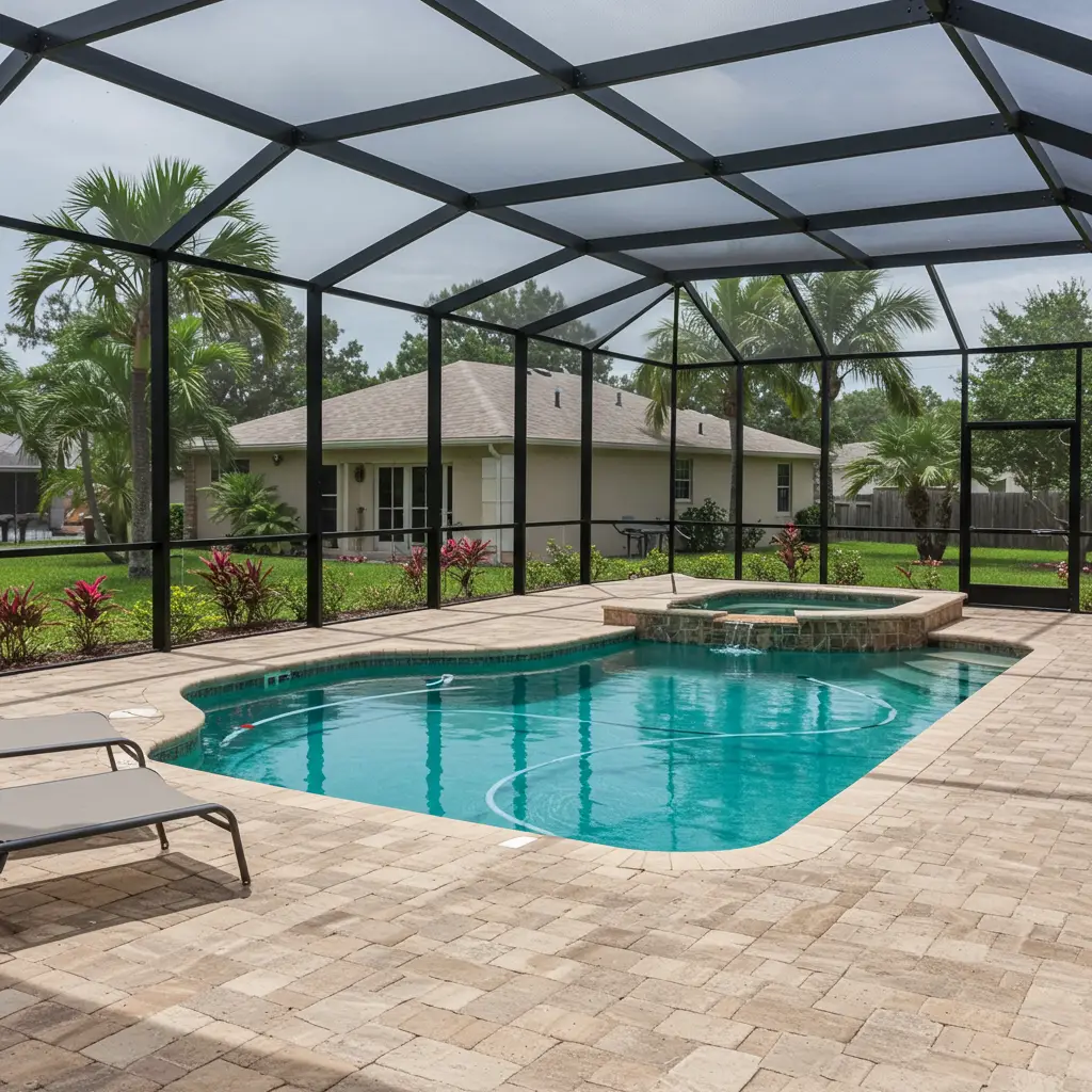 screened pool enclosure with spa and patio area in Ocala, FL backyard